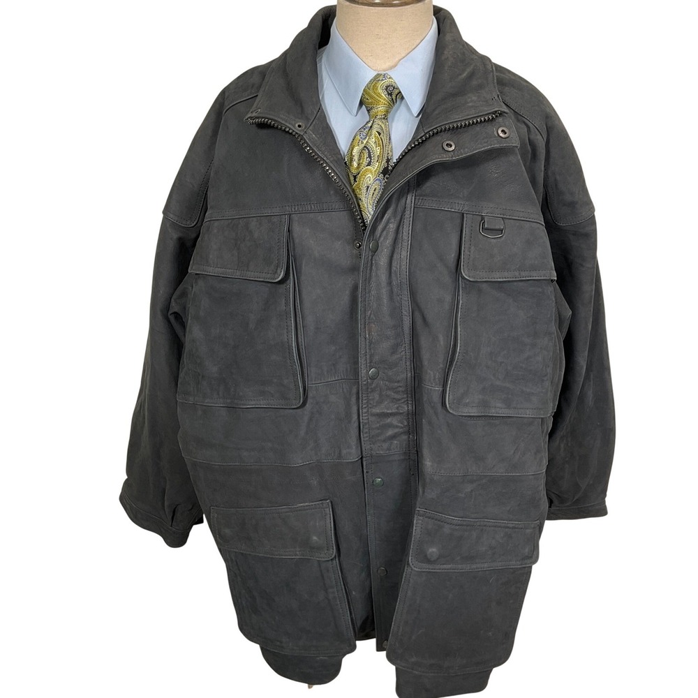 Geronimo Leather Jacket Mens 4X Gray/Black Zip Heavy Utility Pocket Chore Coat